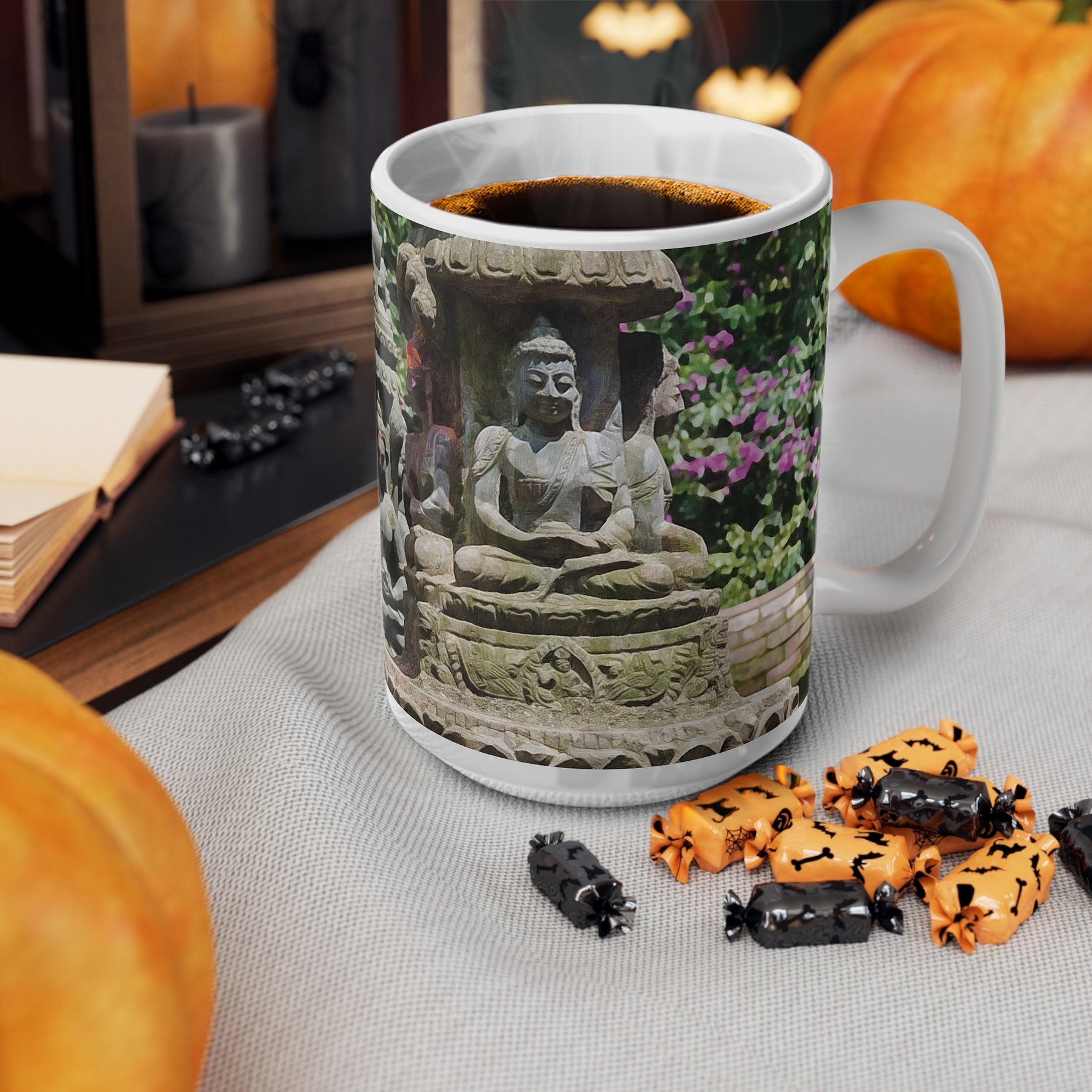 Ceramic White Cup 15oz - Nepal, Bodhisattvas Stone Sculptures