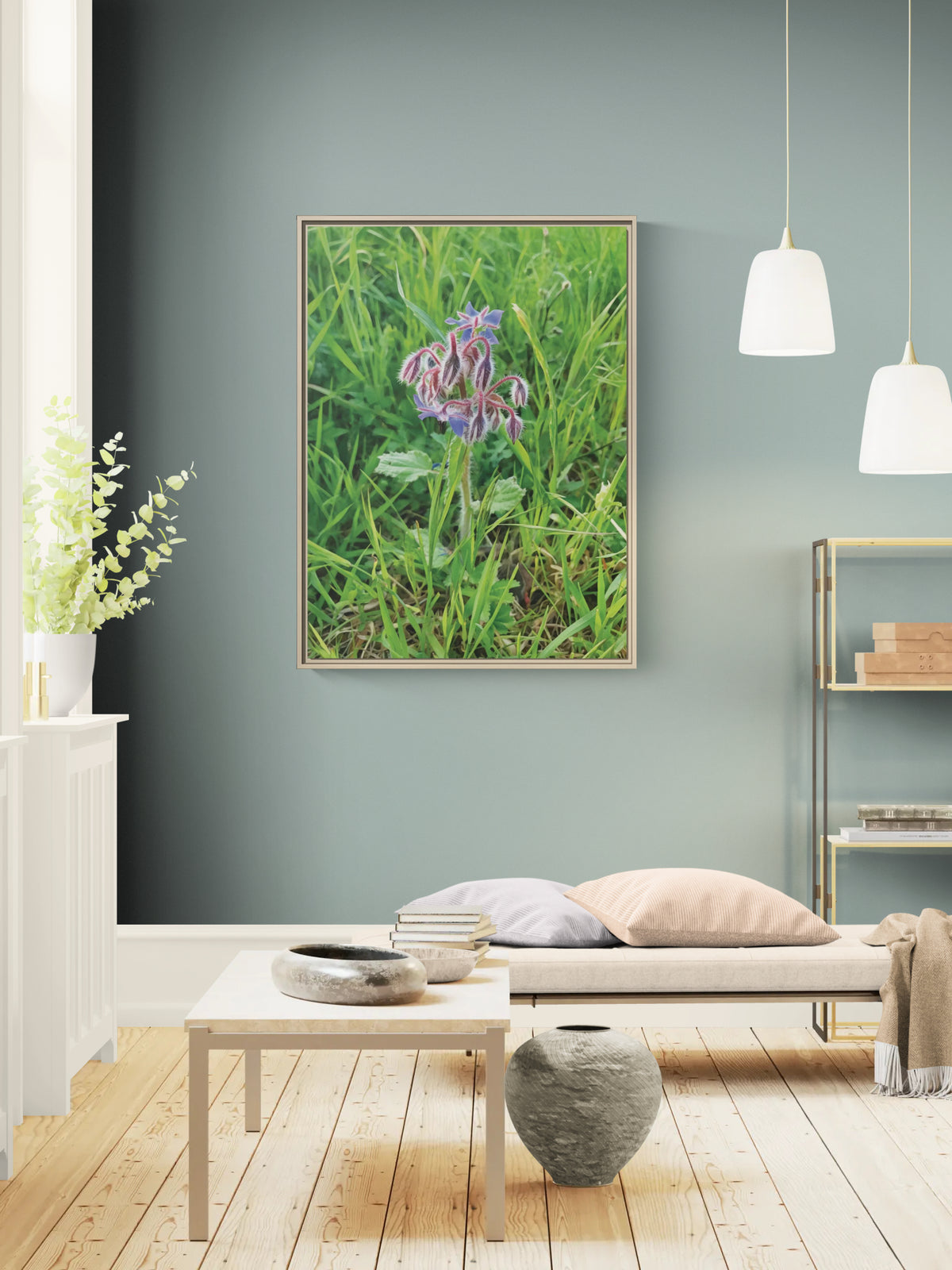 Framed wall art of a purple borage flower in a grassy field displayed in a modern living room