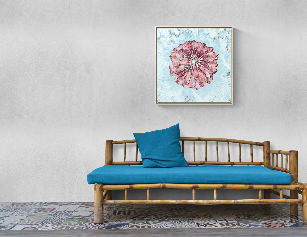 Framed abstract flower wall art above a bamboo bench with blue cushions