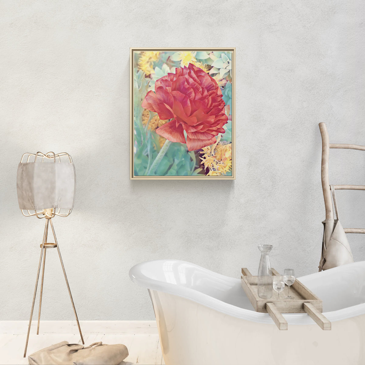 Framed wall art featuring a large red flower in a bathroom setting