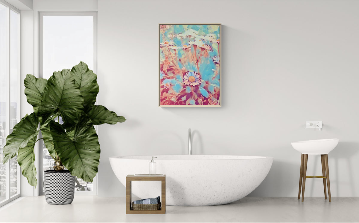 Abstract floral wall art hanging above a white bathtub in a modern bathroom