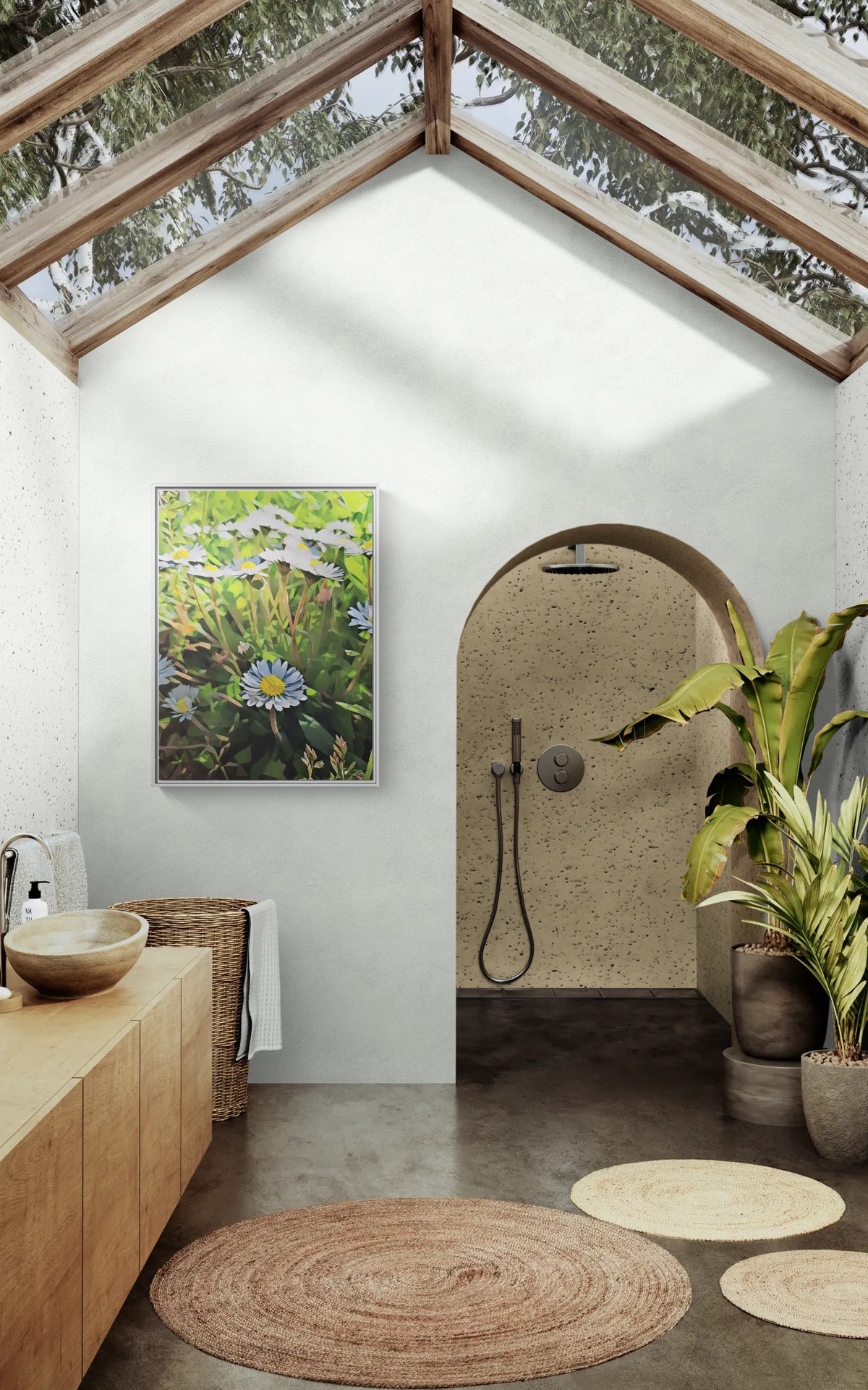 Framed daisy flower wall art hanging in a modern bathroom with a skylight and arched shower