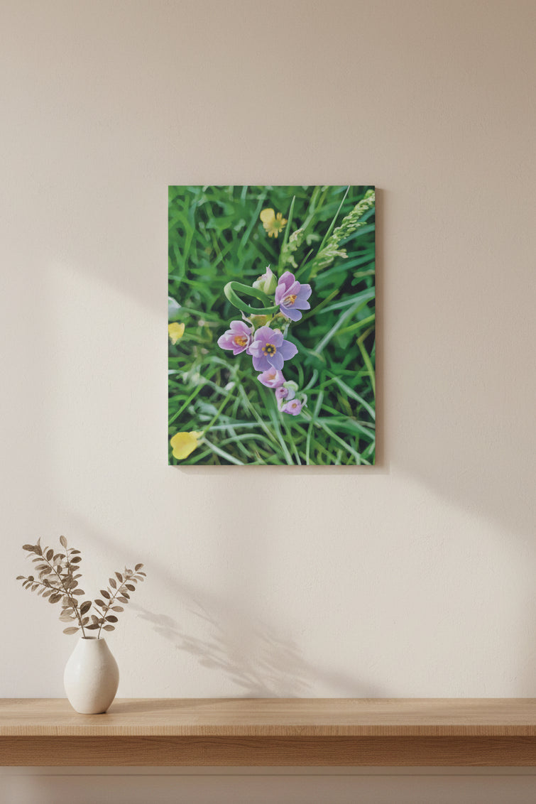 Artwork of Purple flowers with green grass and yellow flowers in the background
