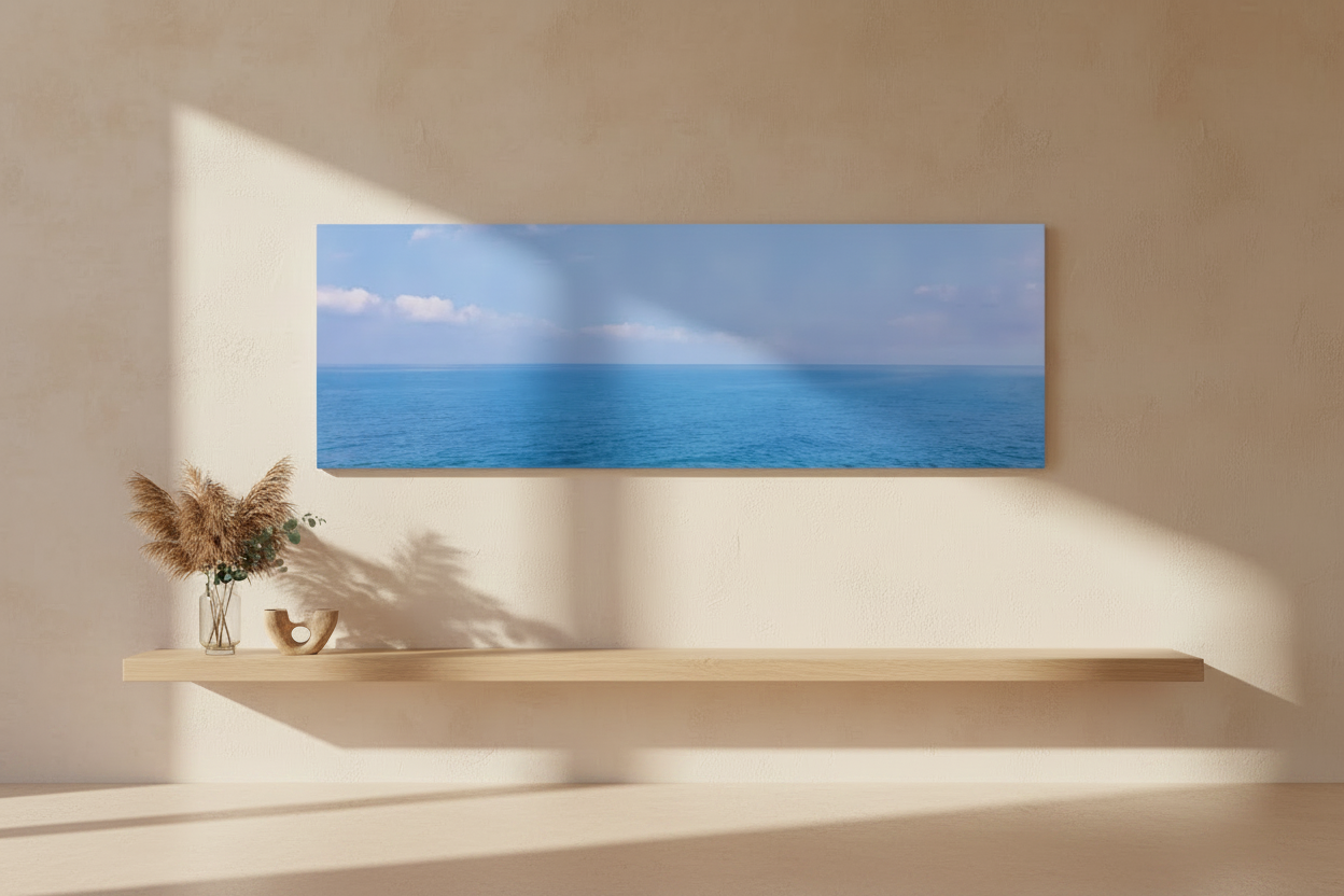 Panoramic sea view painting on a beige wall with a wooden shelf below.