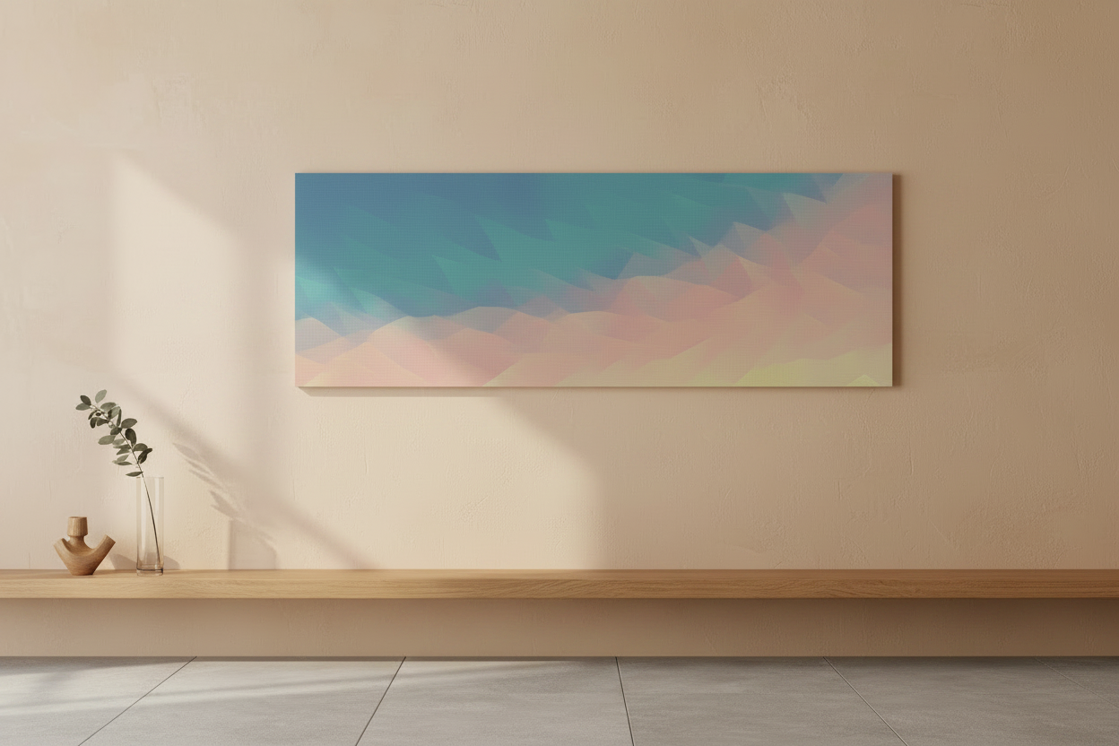 Large abstract Poly Art canvas with shades of blue, pink and yellow on a wall in a minimalistic room with a wooden shelf.