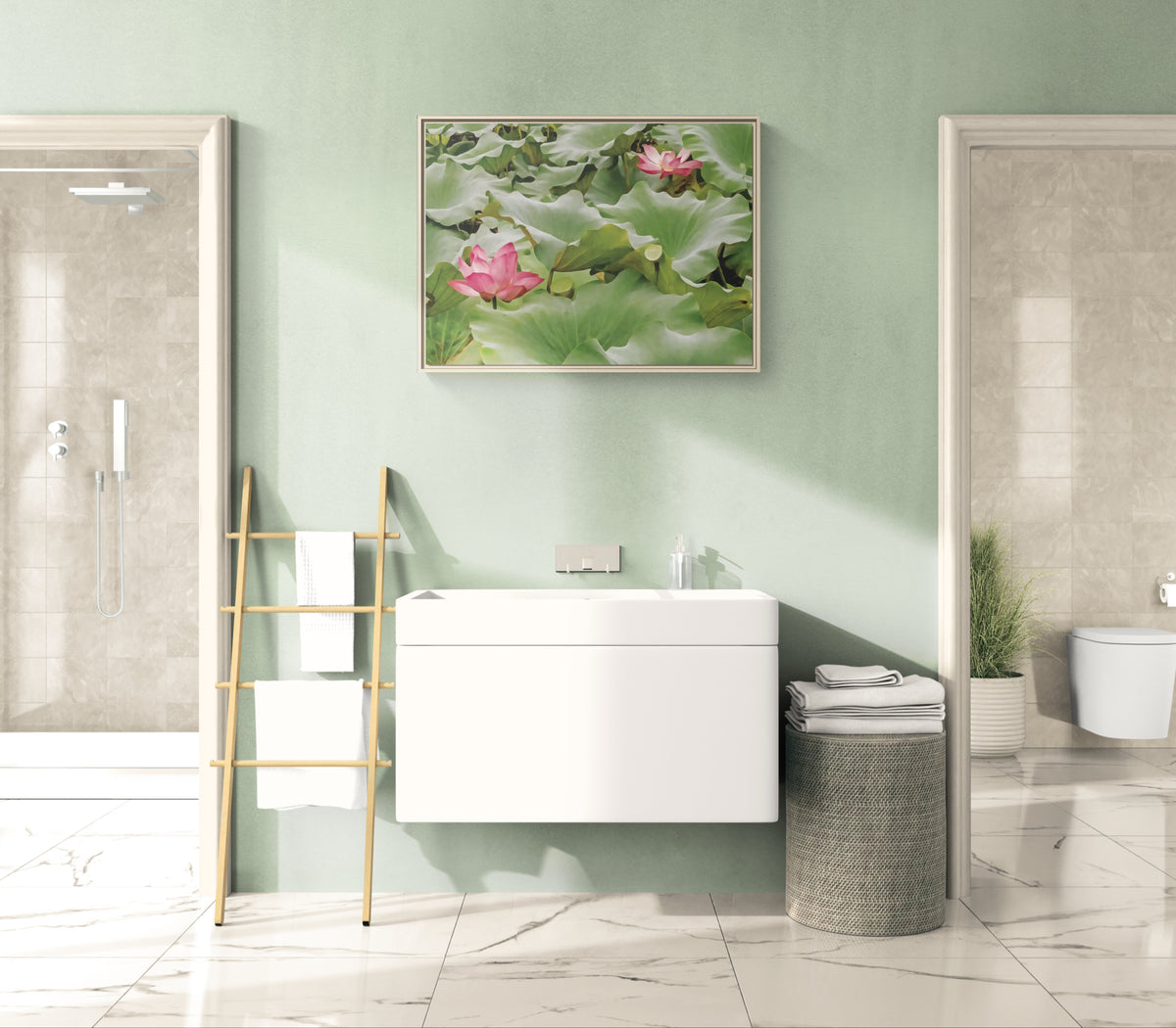 Modern bathroom with wall mounted white vanity, towel ladder, and lotus flower wall art