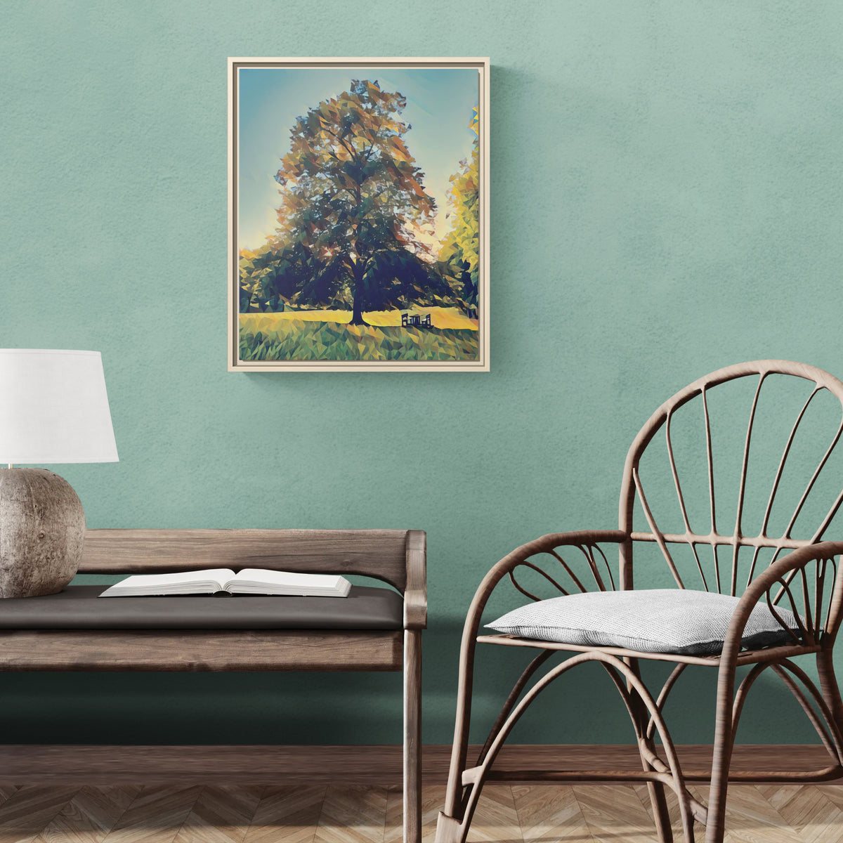 Framed geometric tree art print hanging on a green wall above a wooden bench and chair