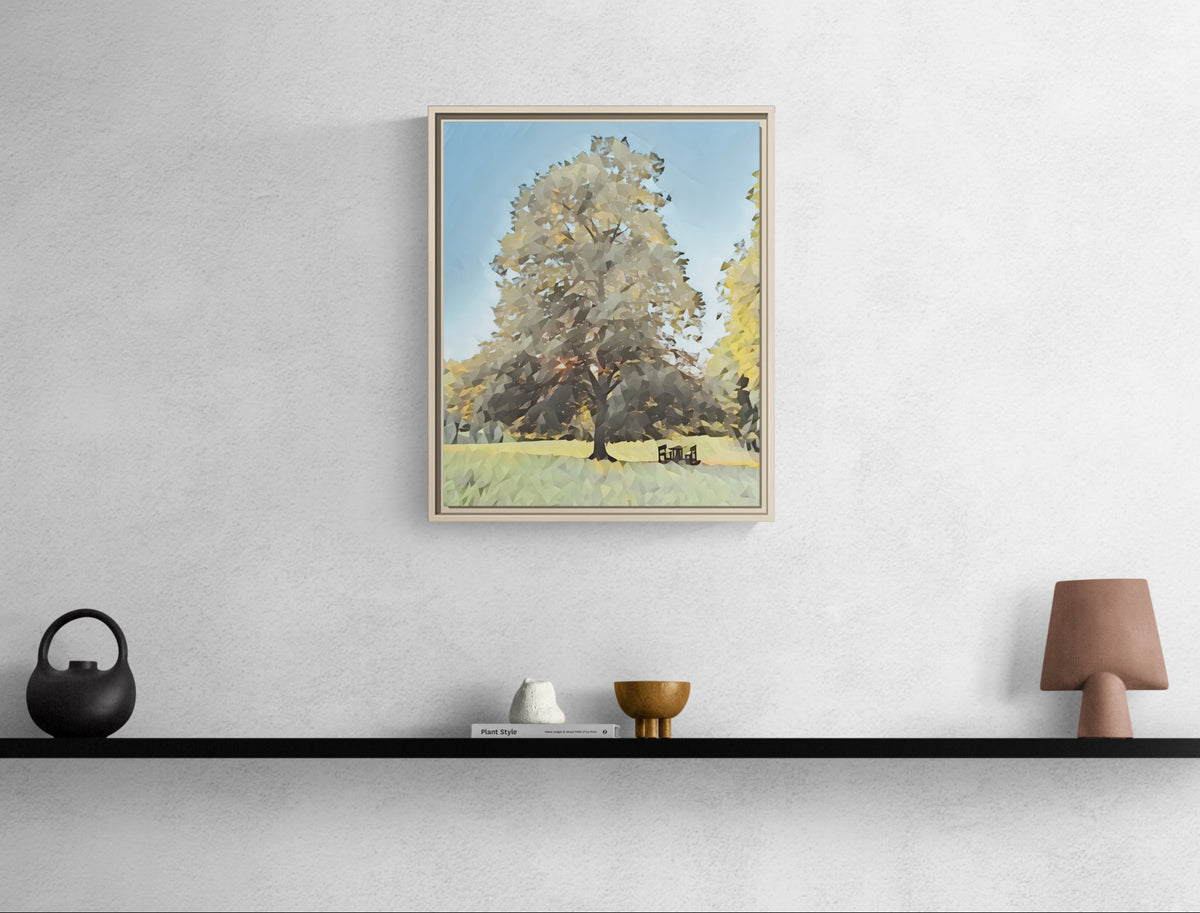 Framed geometric tree art print hanging on a white wall above a shelf with decor