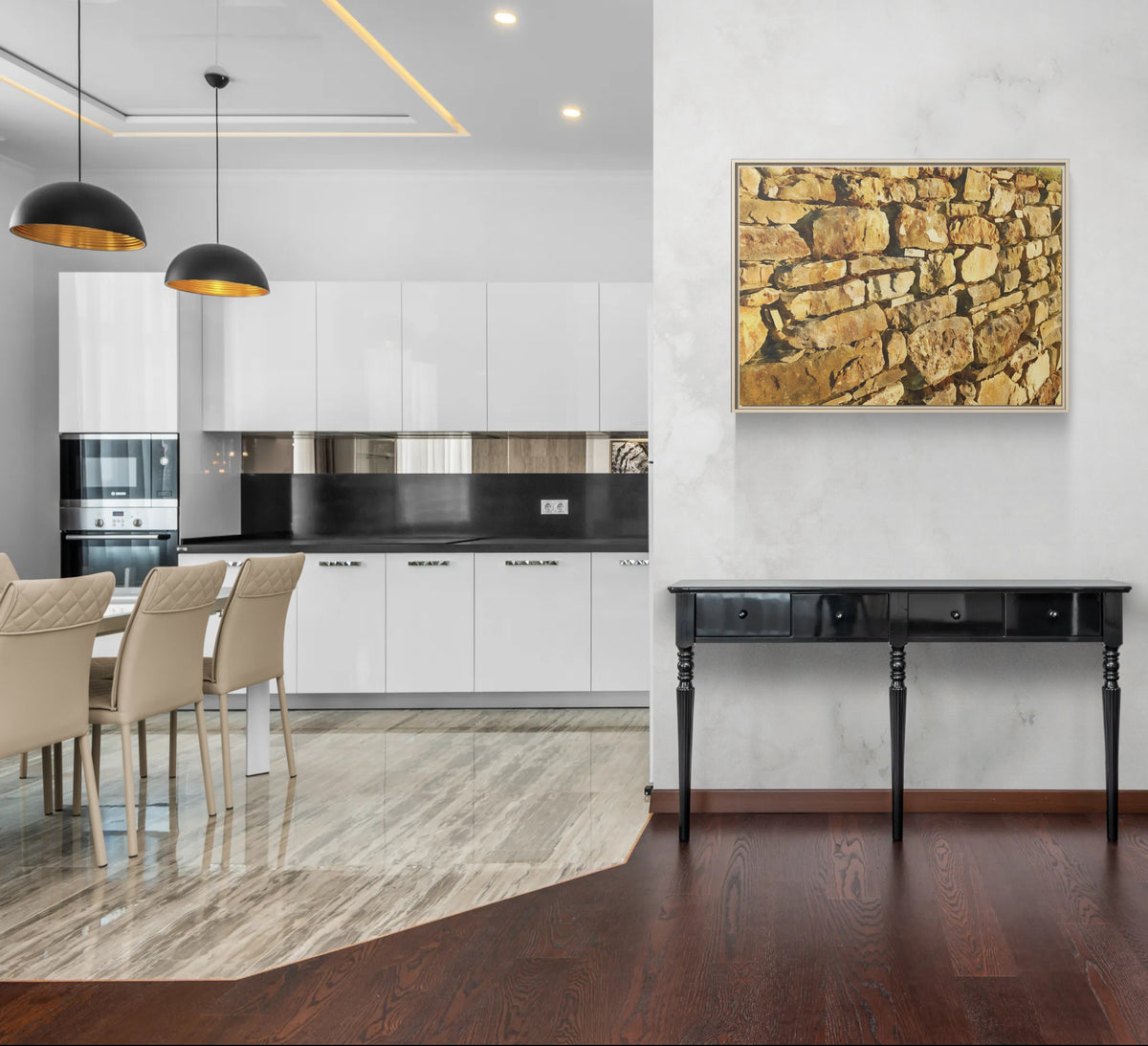 Stone wall canvas art hanging above a black console table in a modern dining room