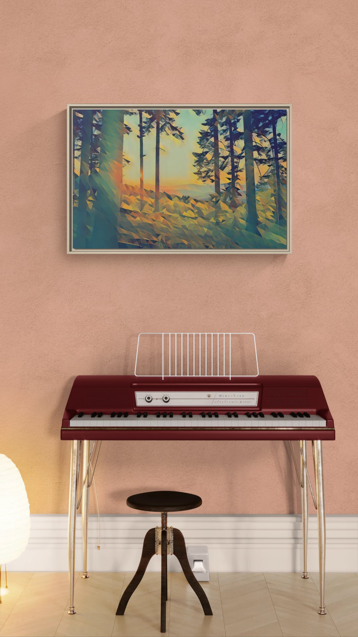 Maroon Wurlitzer electric piano with a stool and forest landscape wall art in a room