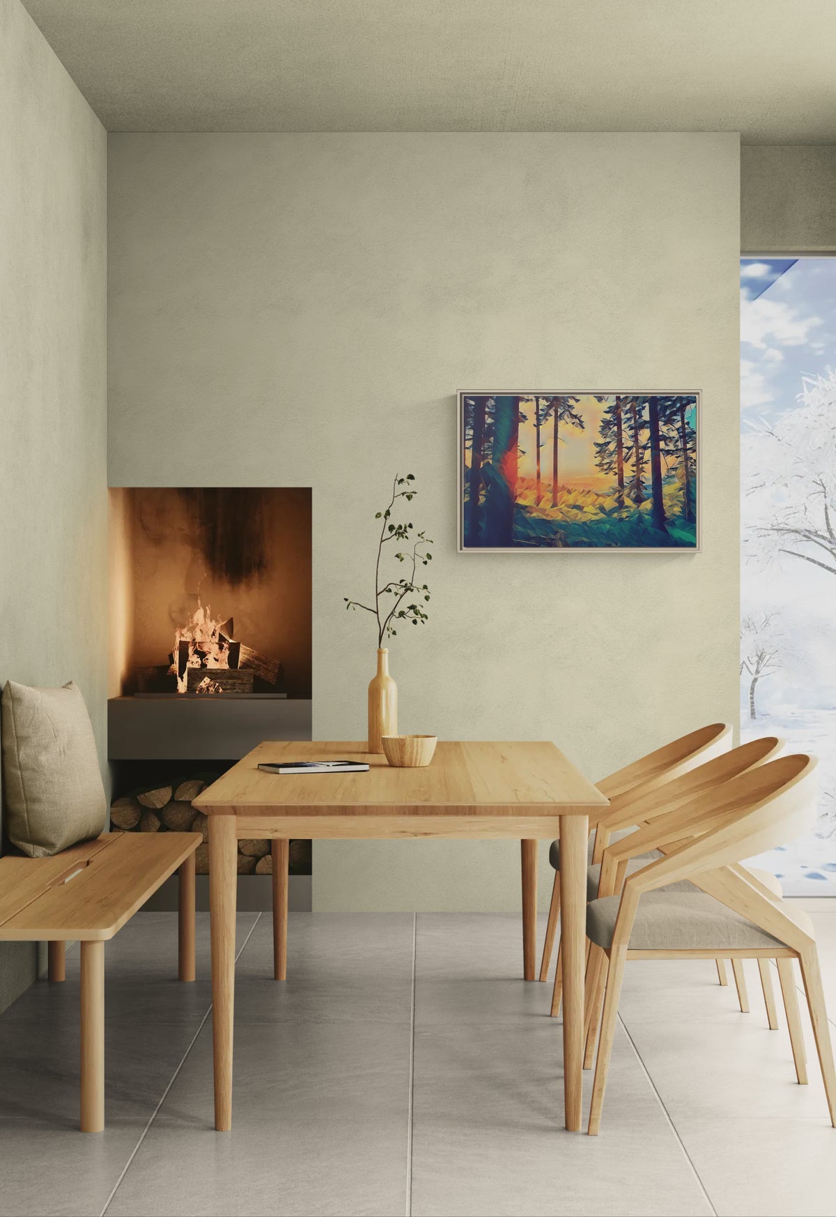 Dining room with wooden table and chairs next to a fireplace and forest landscape wall art