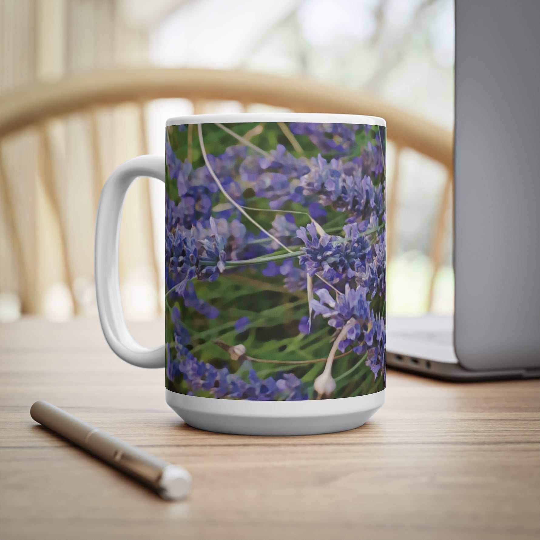Ceramic White Cup 15oz - Flower of Lavender and Chamomile